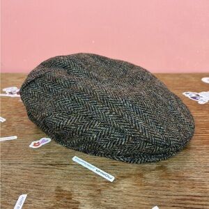 Harris Tweed Wool Green Brown Vintage Herringbone Newsboy Flat Cap